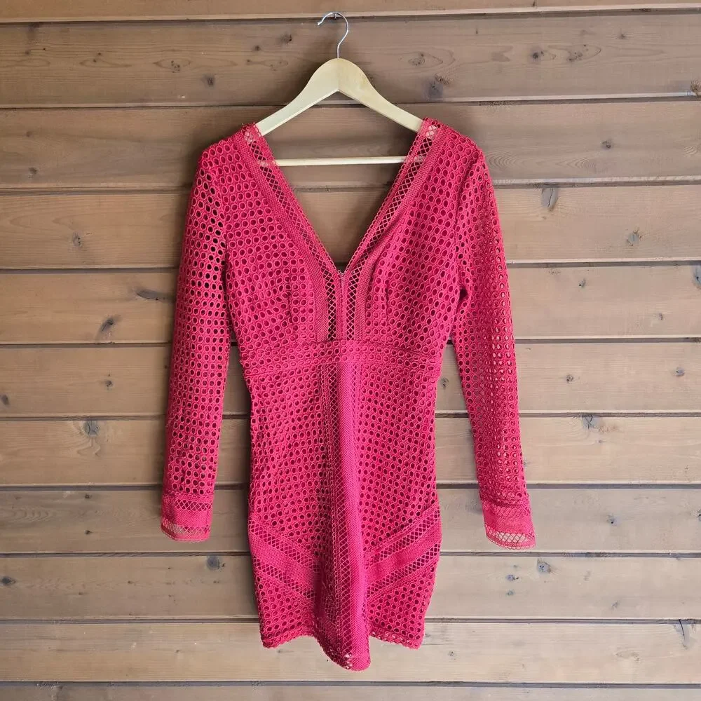 ASTR Mini Dress Red Eyelet Bodycon Long Sleeve Cutout Semi Sheer NWT M Mesh - Picture 2 of 5
